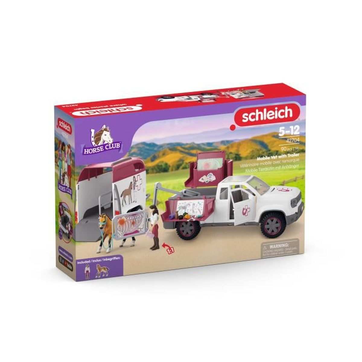 Schleich Horse Club Tierarzt-Set mit weißem Pickup, Anhänger, Figuren und Zubehör in der Verpackung.