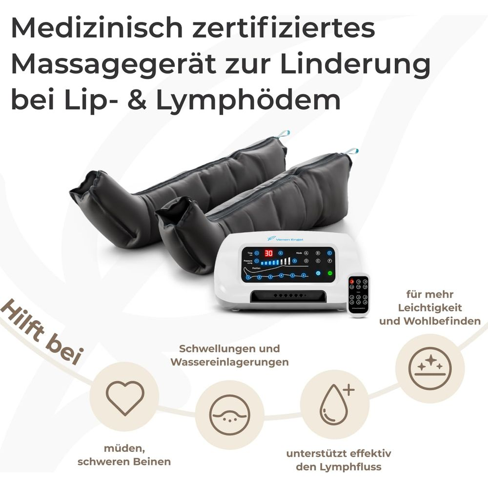 Dispositivo di massaggio medico con due gambali grigi, unità di controllo e testo promozionale in tedesco.