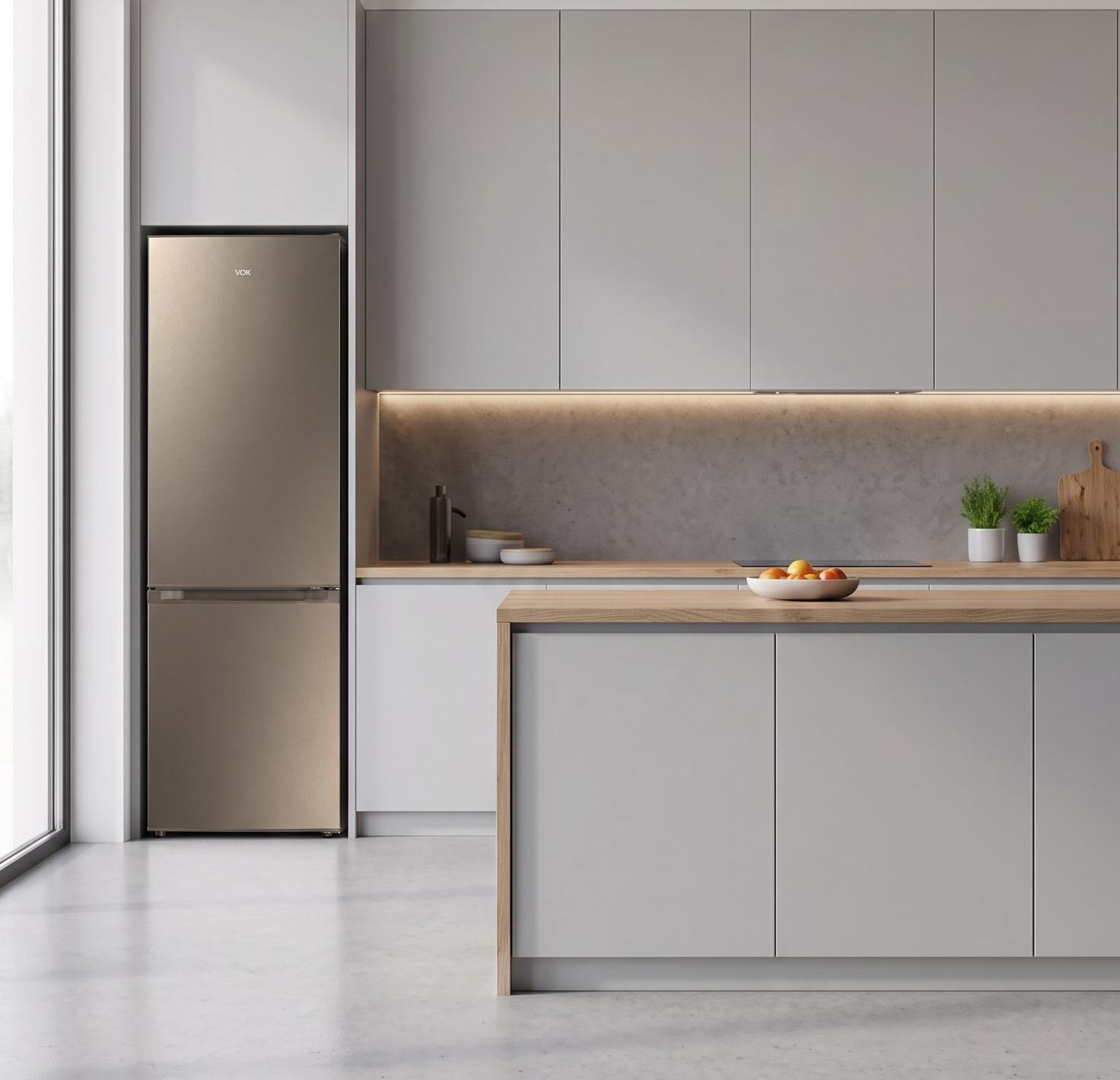 Cocina moderna minimalista con armarios grises claros, un refrigerador dorado y una isla de madera con fruta.