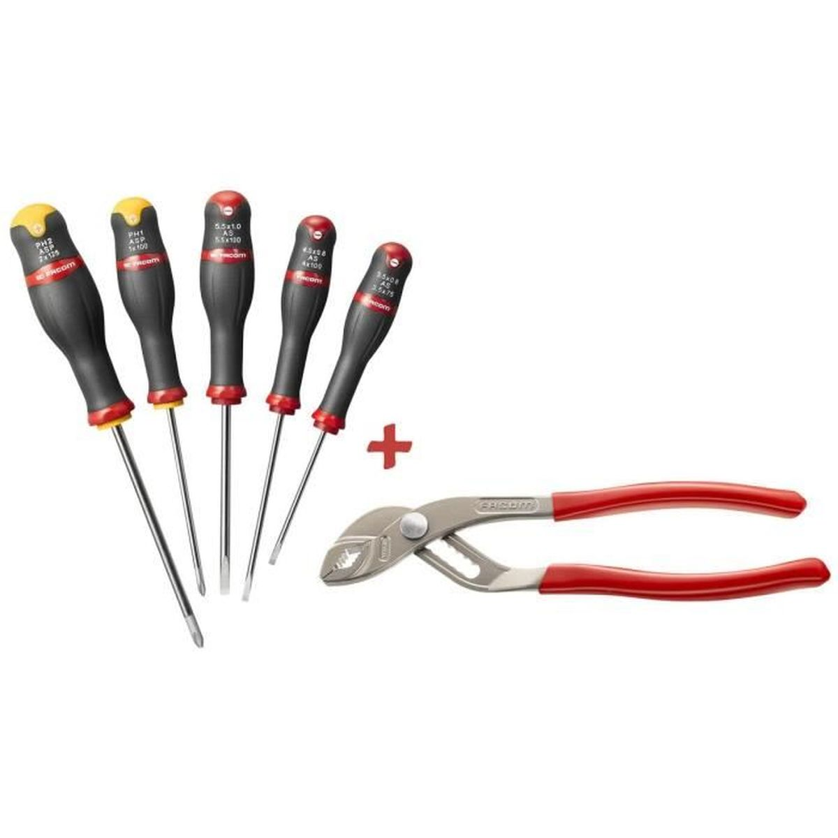Ein Set aus fünf unterschiedlich großen Schraubenziehern mit rot-schwarzen Griffen und einer Wasserpumpenzange.