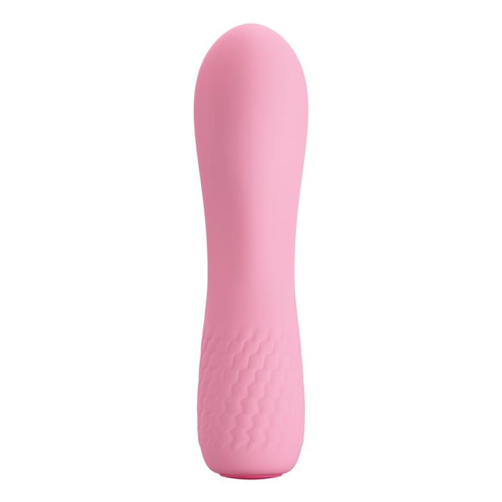 Ein glatter, rosa Vibrator mit einer strukturierten Basis auf einem weißen Hintergrund.