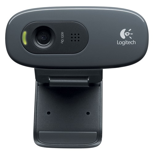 Merceğin yanında yeşil ışık bulunan, ayarlanabilir stand tabanına monte edilmiş gri bir Logitech HD 720p web kamerası.