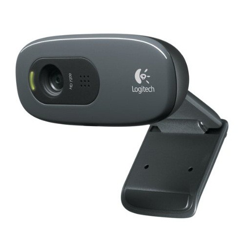 Beyaz arka planda ayarlanabilir klipsli standa sahip koyu gri bir Logitech web kamerası.