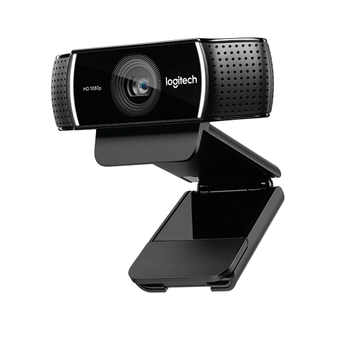 Beyaz arka planda ayarlanabilir montaj klipsli siyah bir Logitech HD web kamerası.