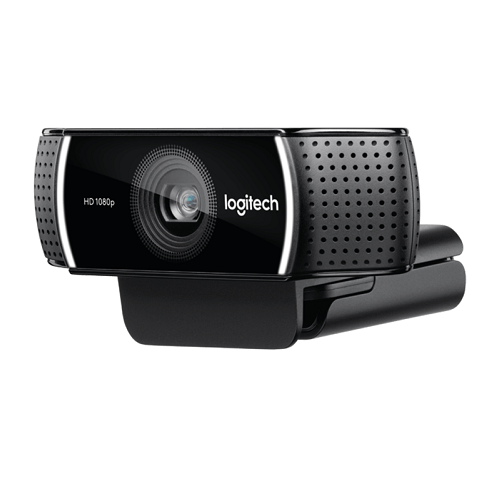 Beyaz arkaplanda entegre standlı siyah Logitech HD 1080p web kamerası.