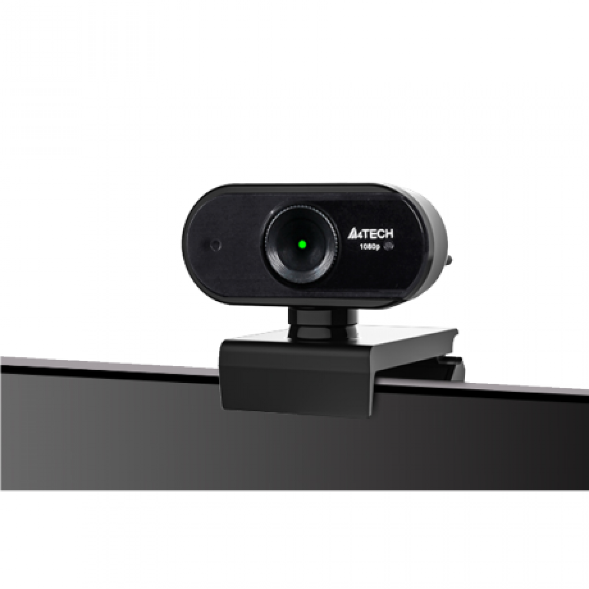 Merceğinde yeşil ışık bulunan siyah bir A4TECH 1080p web kamerası, beyaz bir arka plan üzerinde monitöre monte edilmiştir.