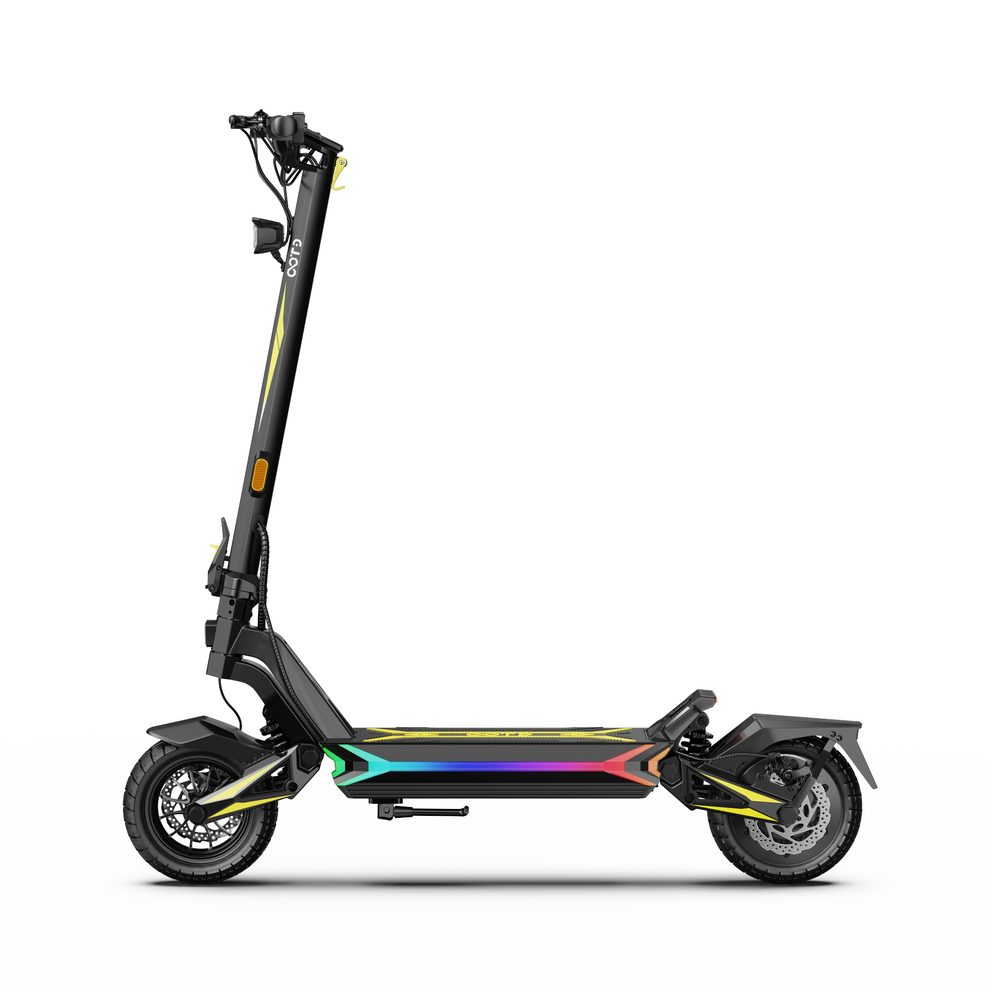 Un monopattino elettrico nero con strisce LED colorate sulla pedana su fondo bianco.