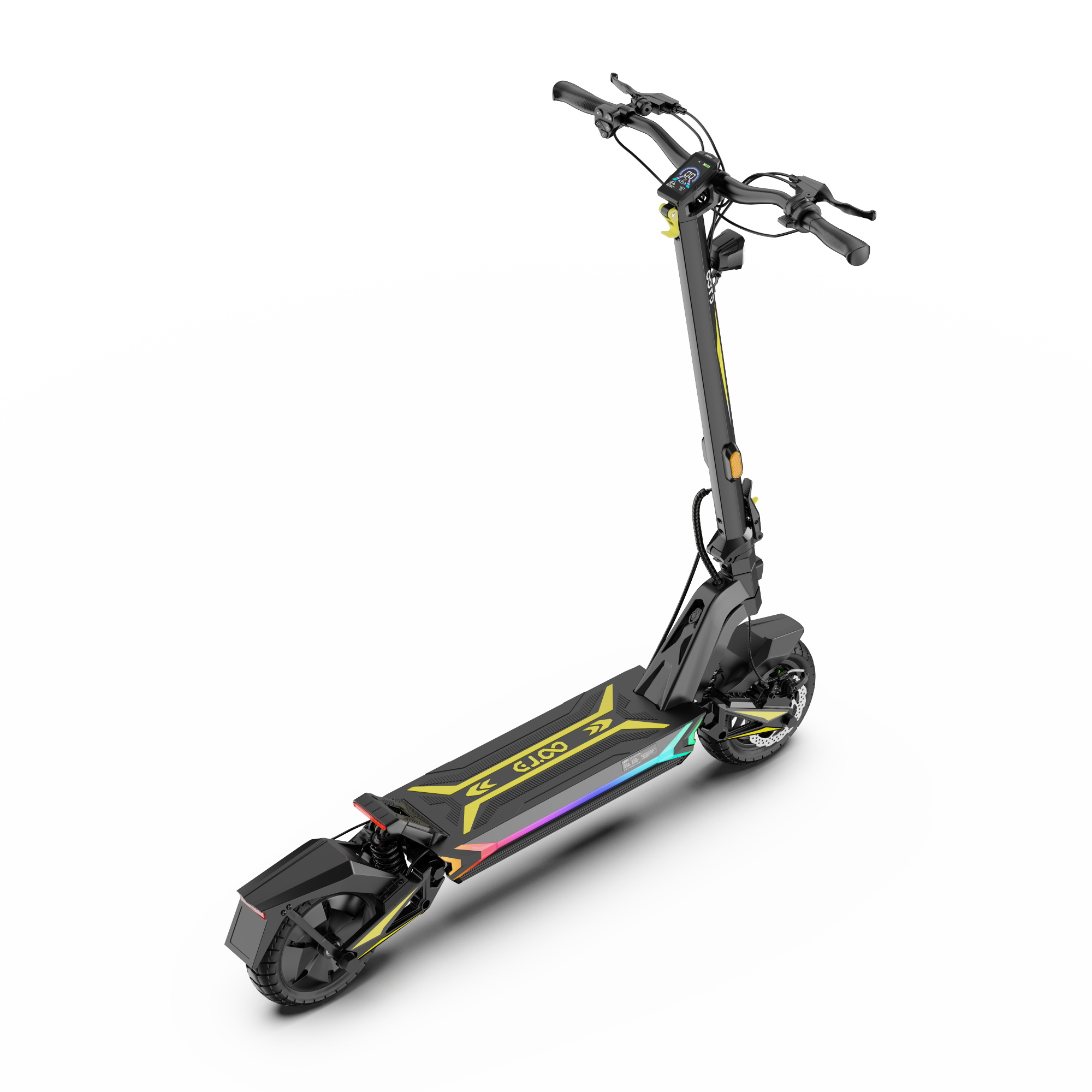 Un monopattino elettrico nero con dettagli gialli e display digitale su sfondo bianco.