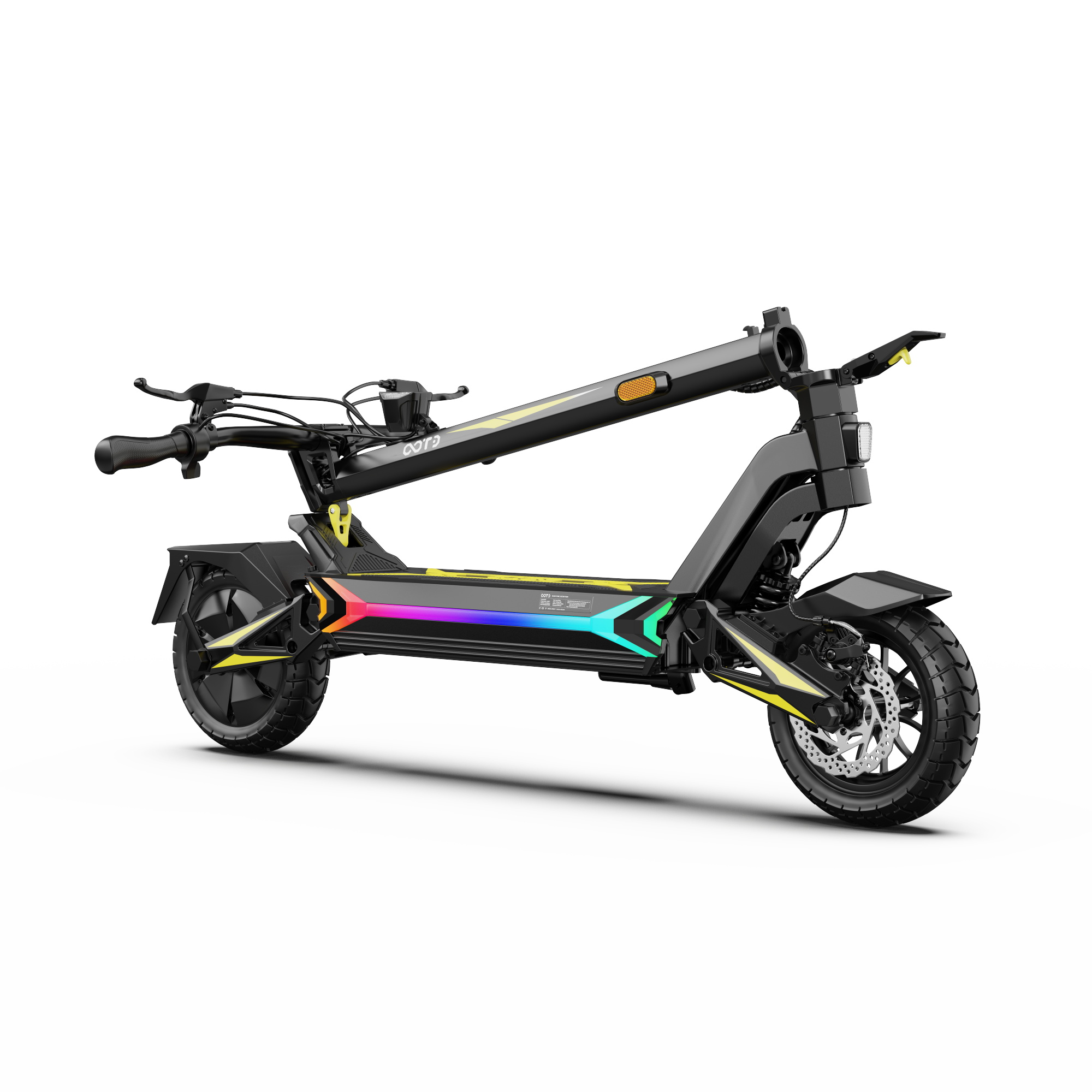 Un monopattino elettrico nero con strisce LED colorate su sfondo bianco.