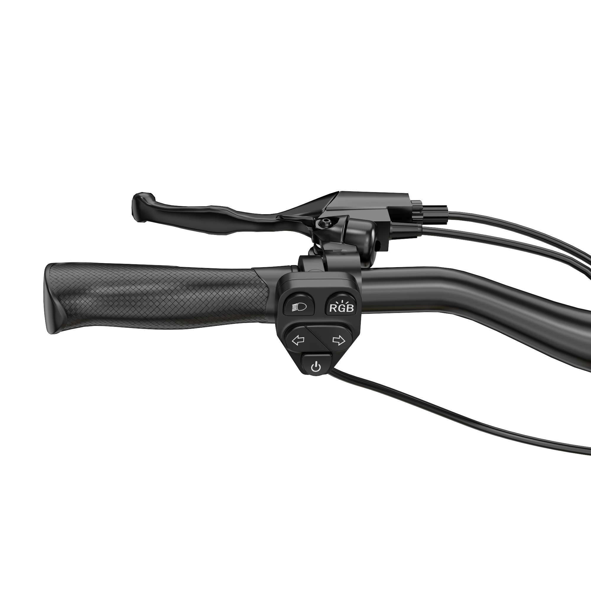 Manubrio per e-bike nero con unità di controllo integrata, leva del freno e impugnatura in gomma.