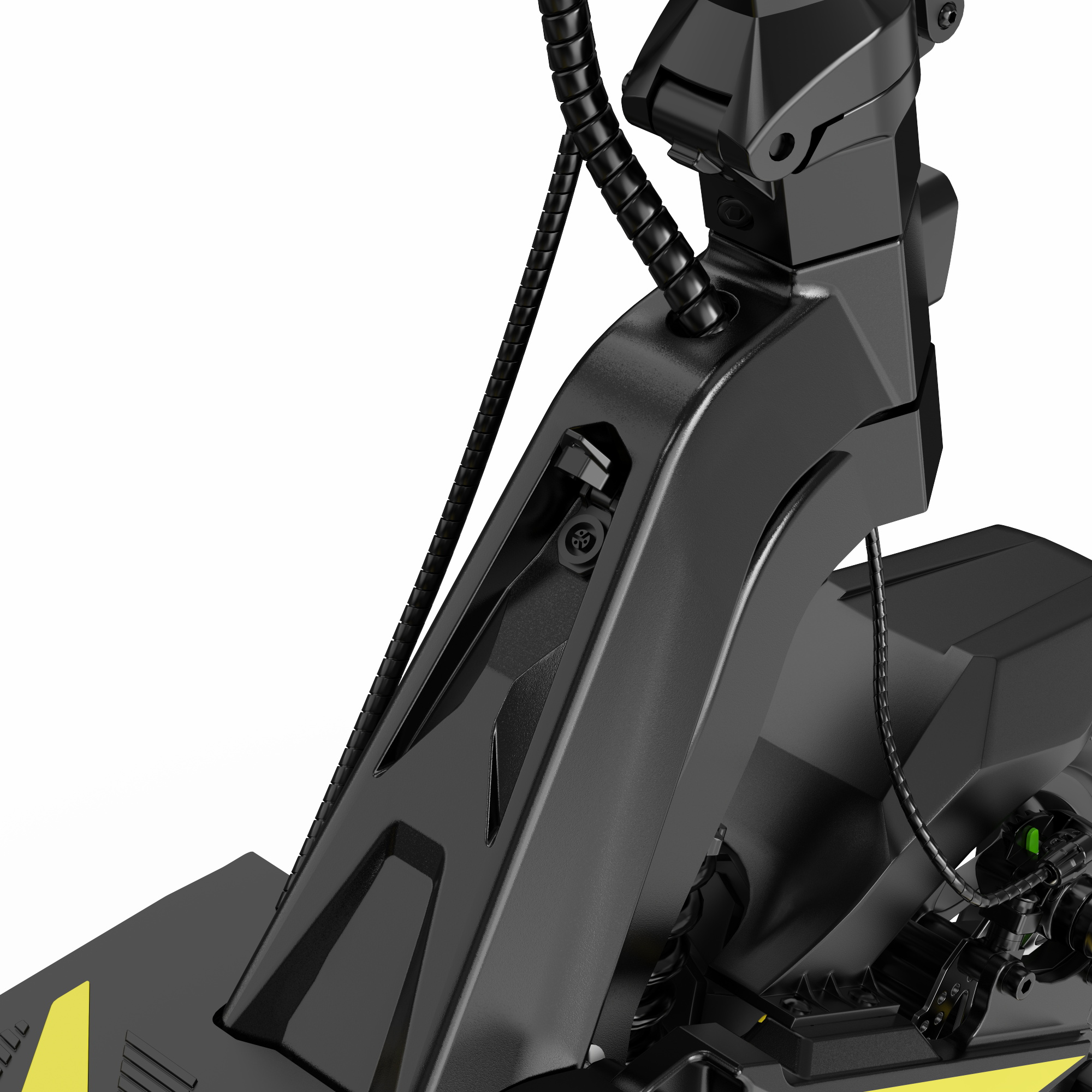 Primo piano del cannotto di sterzo del monopattino elettrico nero con cavi e parafango su sfondo bianco.