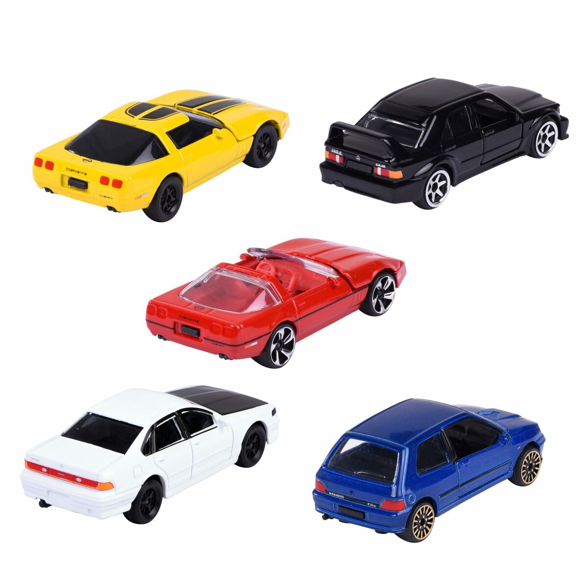 Fünf verschiedene Spielzeugautos in Gelb, Schwarz, Rot, Weiß und Blau auf weißem Hintergrund.