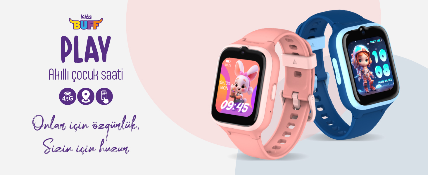 Açık arka plan üzerinde çocuklara uygun kadranlara sahip pembe ve mavi renkli iki Kids Buff akıllı saat.