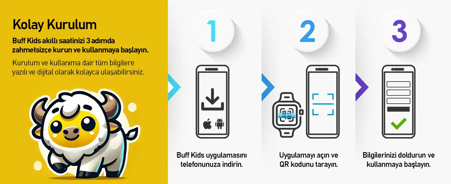 Sevimli bir bufalo maskotu eşliğinde, Buff Kids akıllı saatinin üç kolay adımda kurulumunu gösteren infografik.