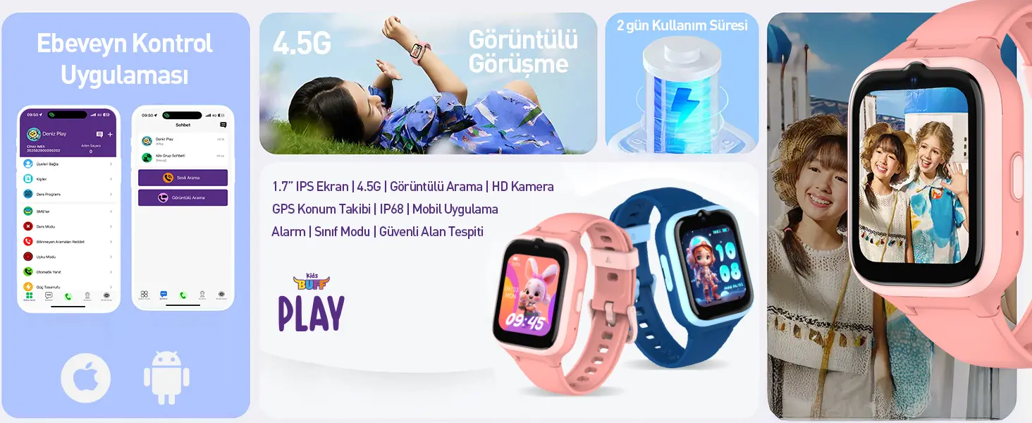 Pembe ve mavi çocuk akıllı saati, uygulama kontrolü, görüntülü arama, GPS ve 2 gün pil ömrü.
