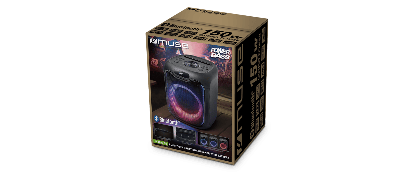 Confezione di un altoparlante Bluetooth portatile per feste con luci colorate su sfondo nero.