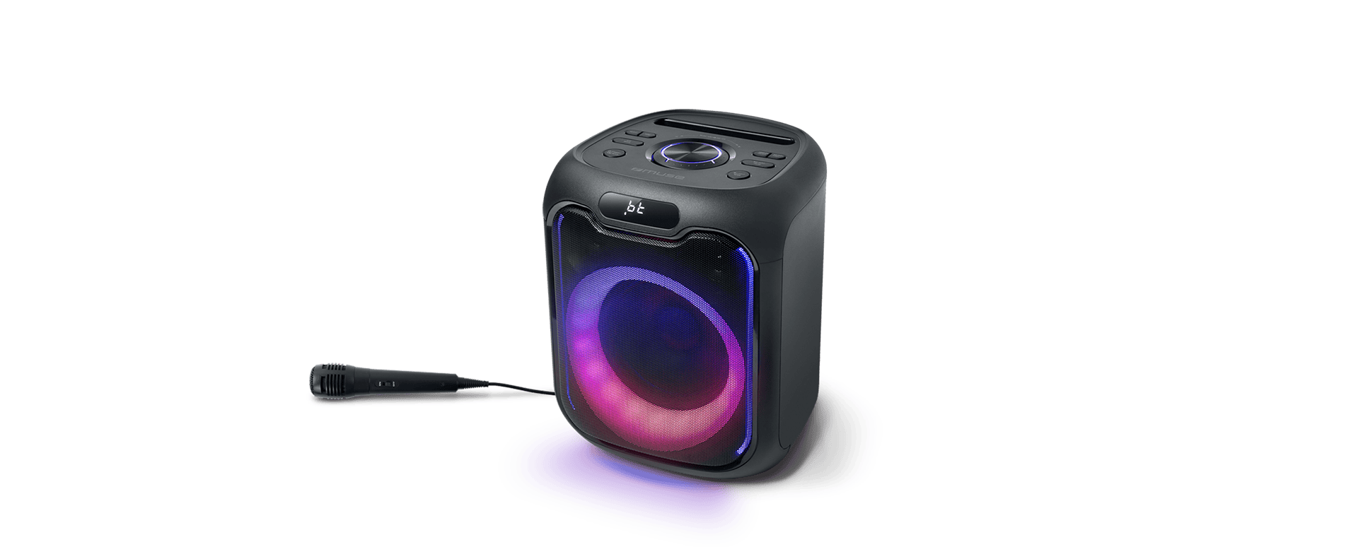 Altoparlante per feste Bluetooth nero con luce circolare rosa e blu brillante e un microfono collegato.
