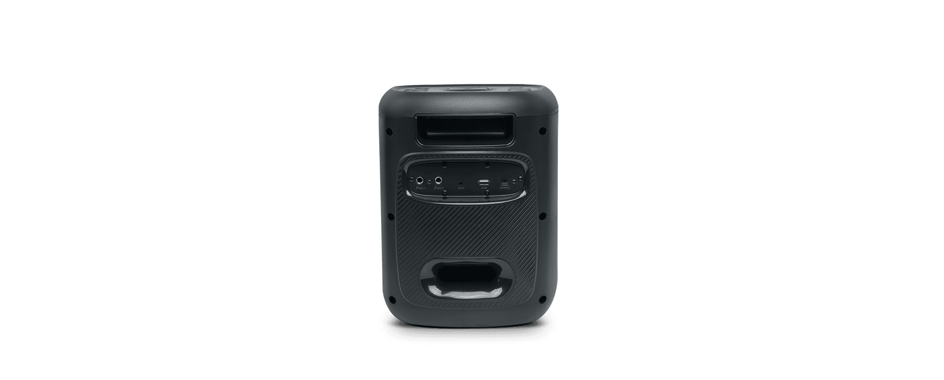 Vista posteriore di un altoparlante portatile nero con varie porte di connessione su sfondo nero.