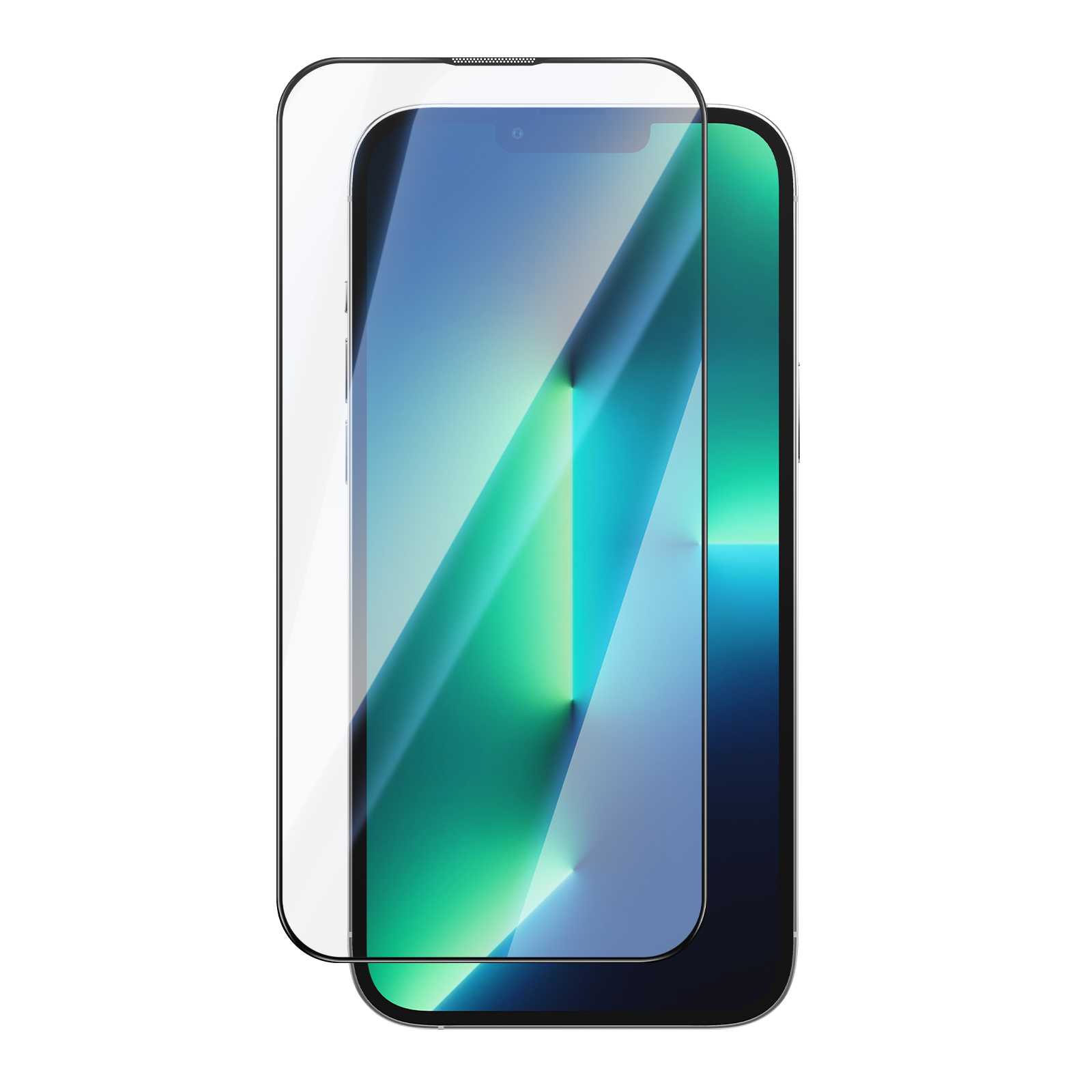 Un teléfono inteligente con un protector de pantalla transparente sobre la pantalla en fondo blanco.