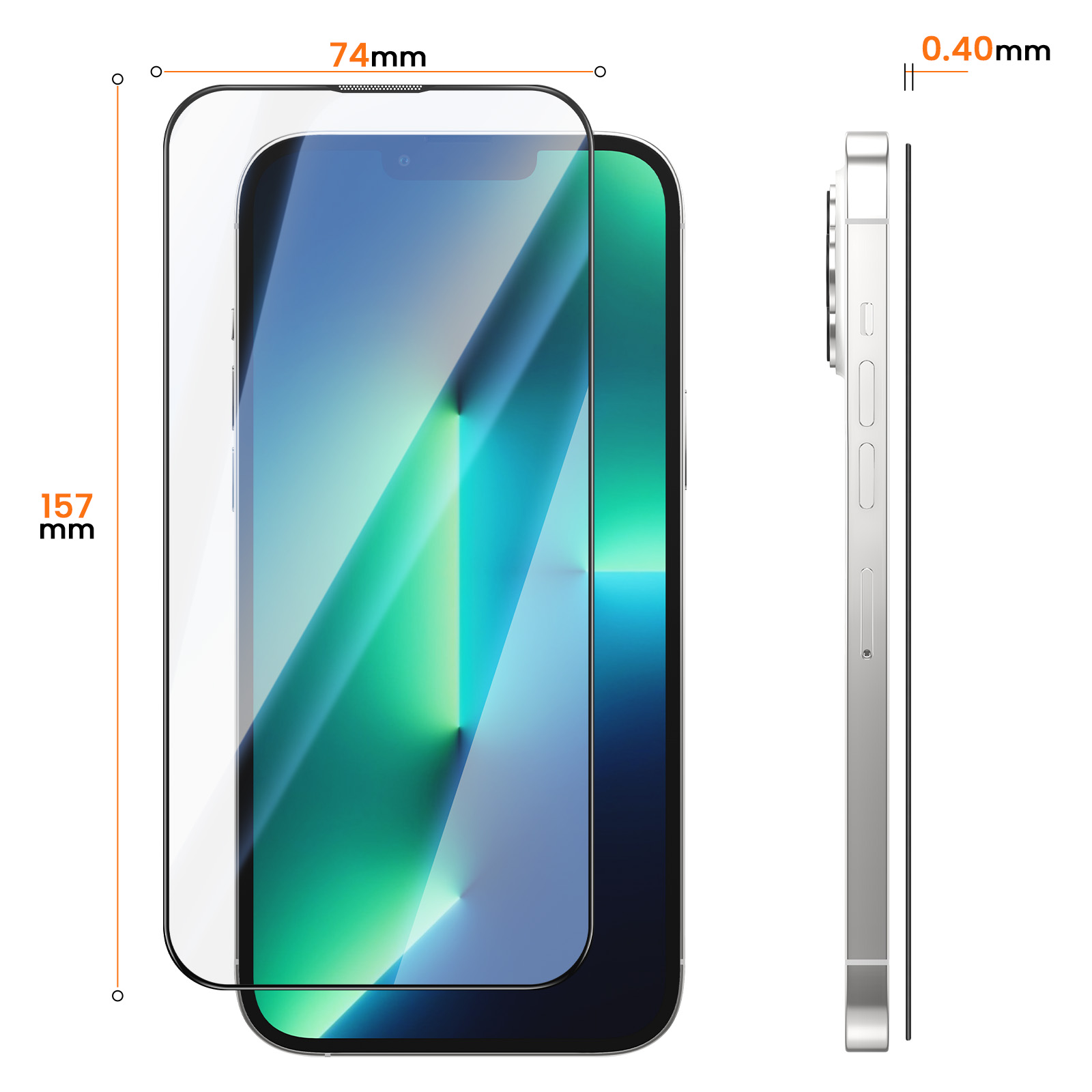 El diagrama muestra las dimensiones del smartphone: 157 mm de alto, 74 mm de ancho y 0,40 mm de grosor.