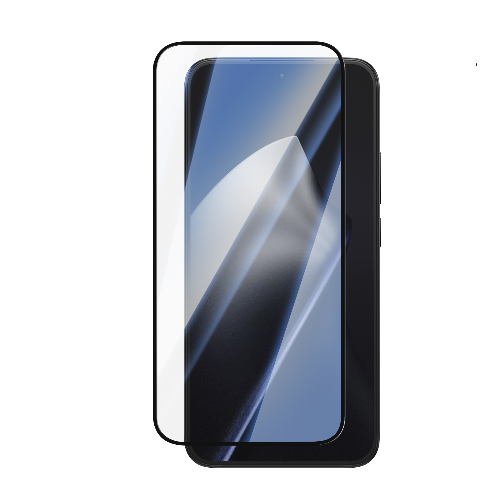Un smartphone negro con un protector de pantalla de vidrio templado transparente flotando sobre la pantalla sobre fondo blanco.