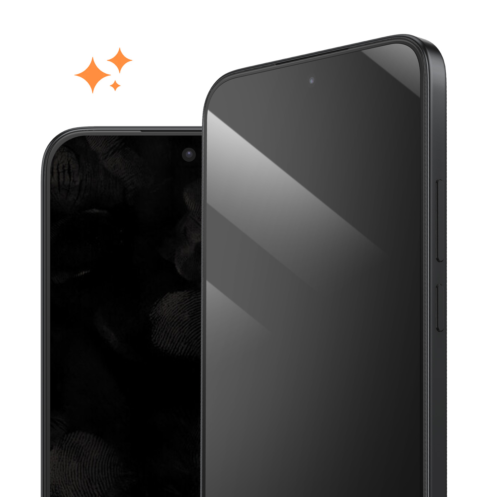 Dos smartphones negros en ángulo uno al lado del otro sobre fondo blanco, acompañados de símbolos de estrellas naranjas.