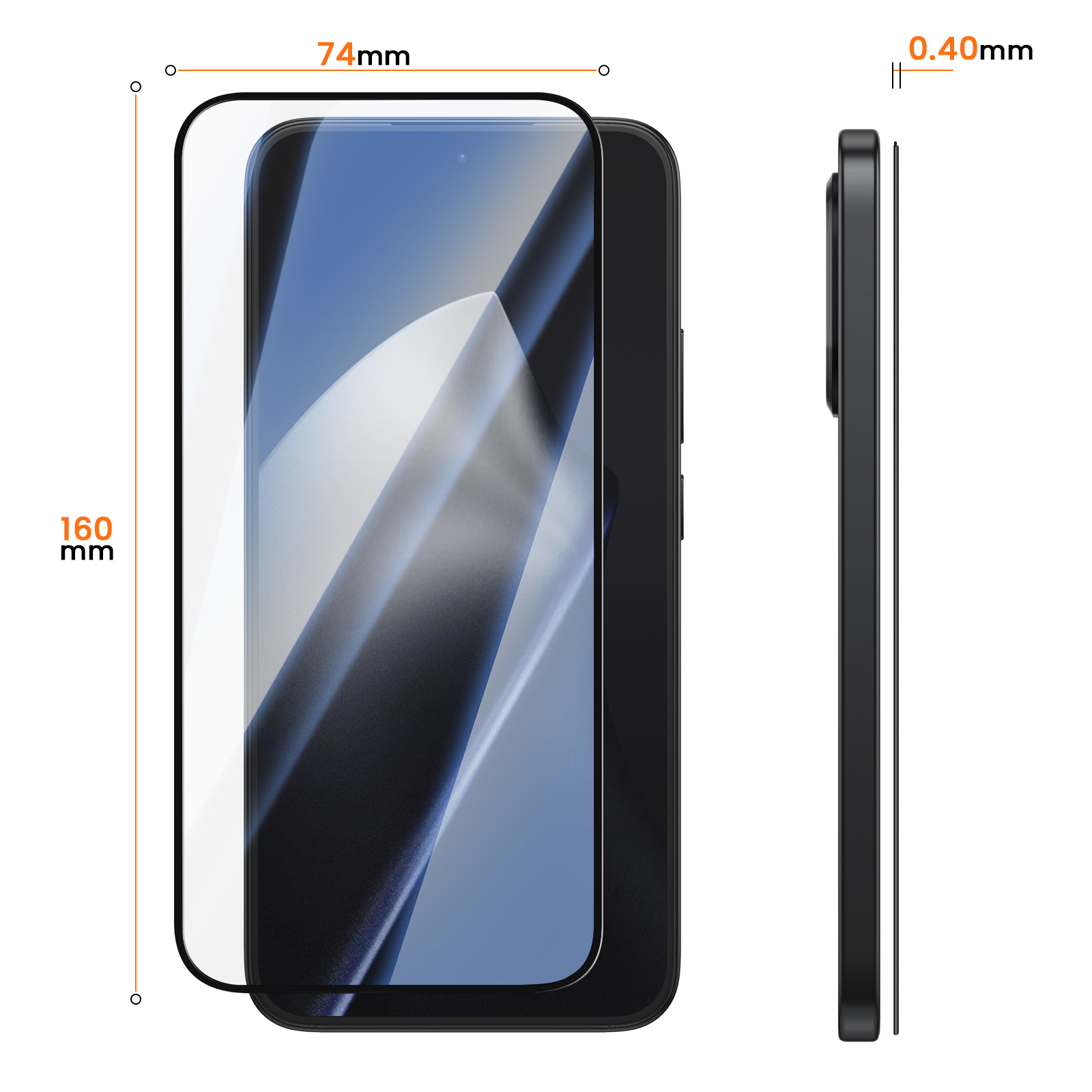 Protector de pantalla con dimensiones de 160mm de alto, 74mm de ancho y 0.40mm de grosor.