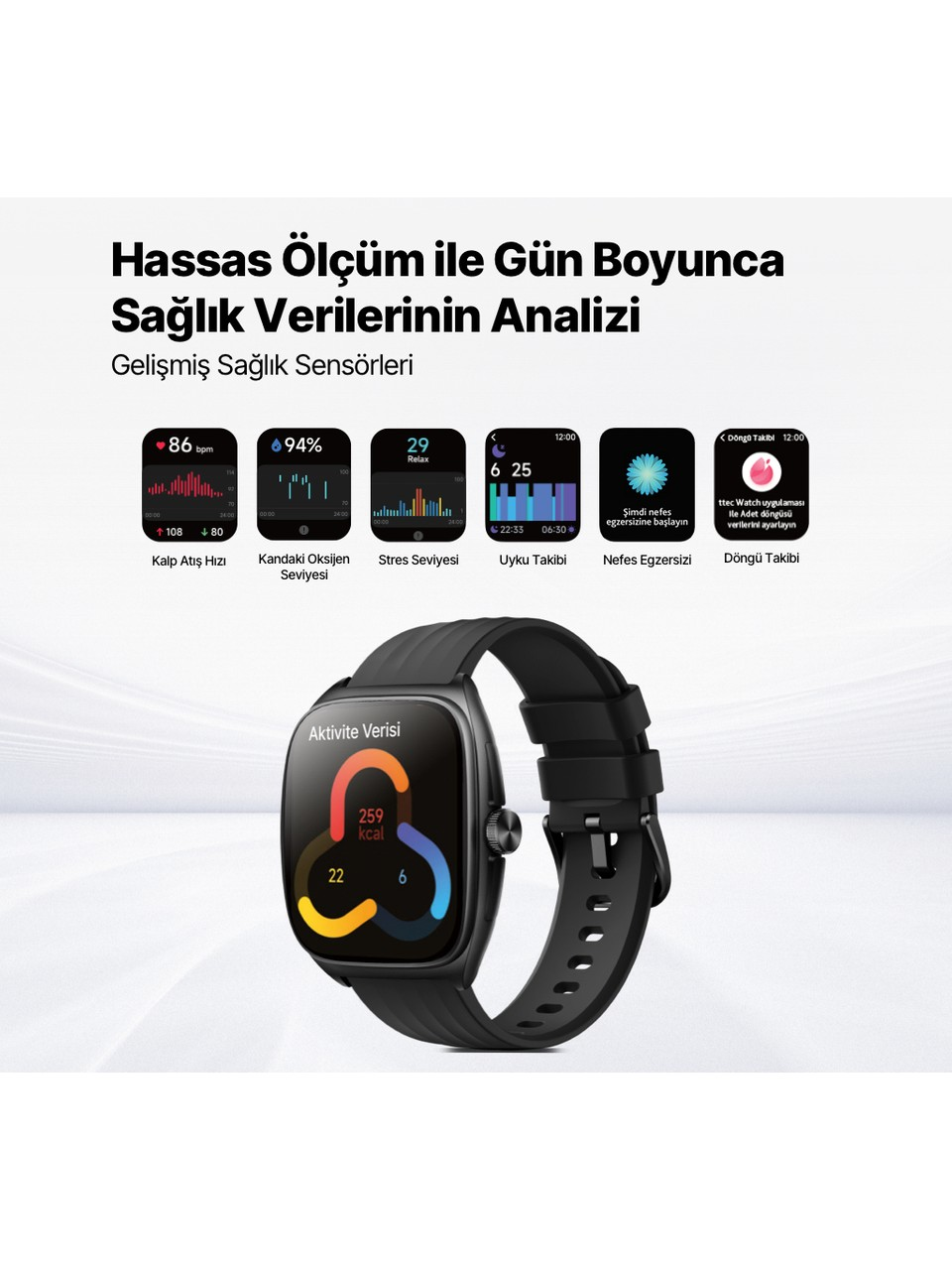 Beyaz arkaplanda sağlık verilerini gösteren siyah bir akıllı saat.