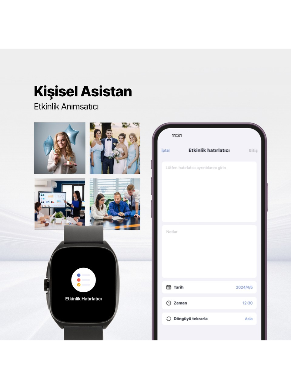 Etkinlik hatırlatıcıları ve yaşam tarzı fotoğrafları gösteren akıllı saat ve telefon ekranları.