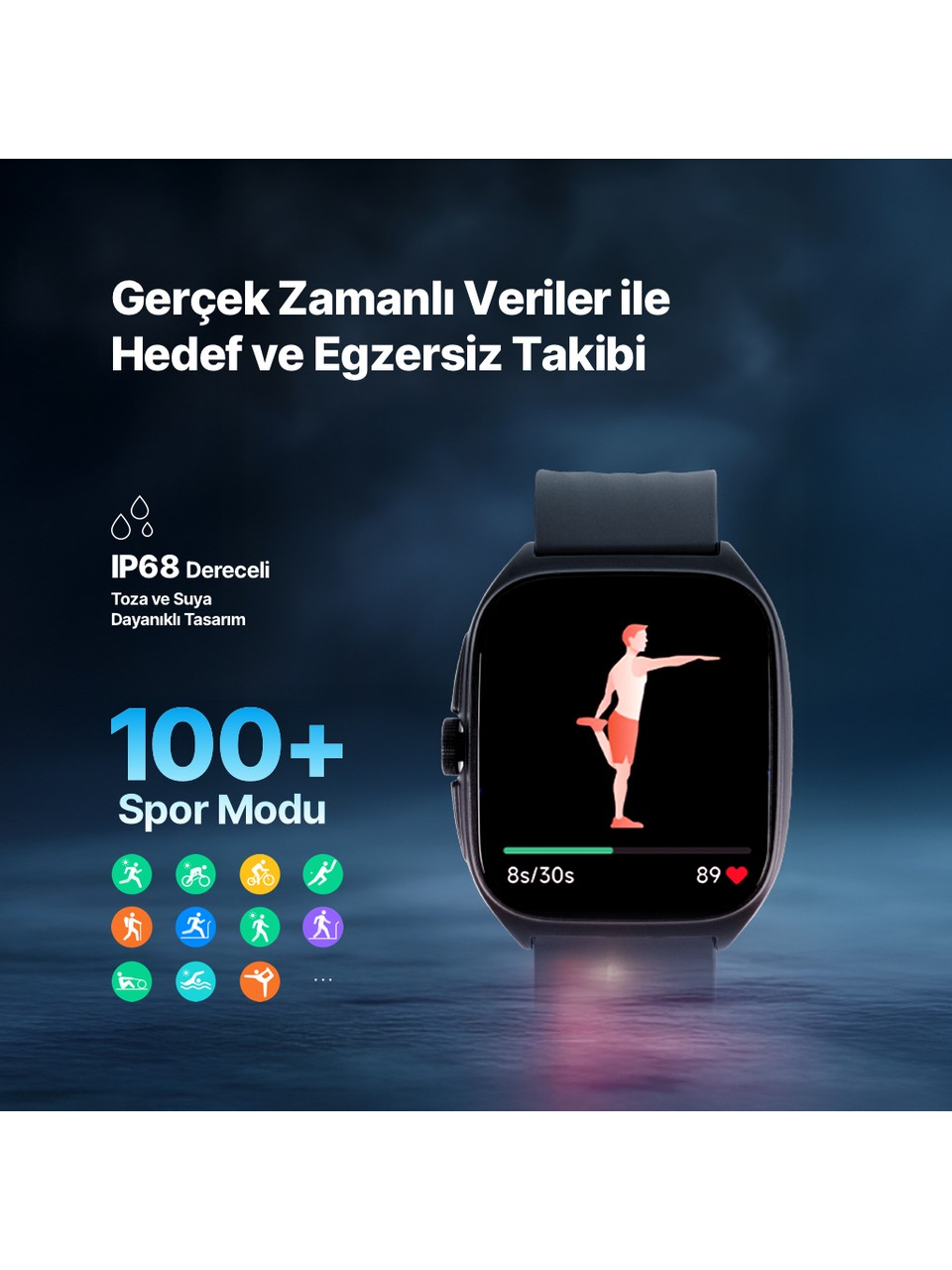 Mavi arka planda fitness verileri ve spor modu simgesi gösteren akıllı saat.
