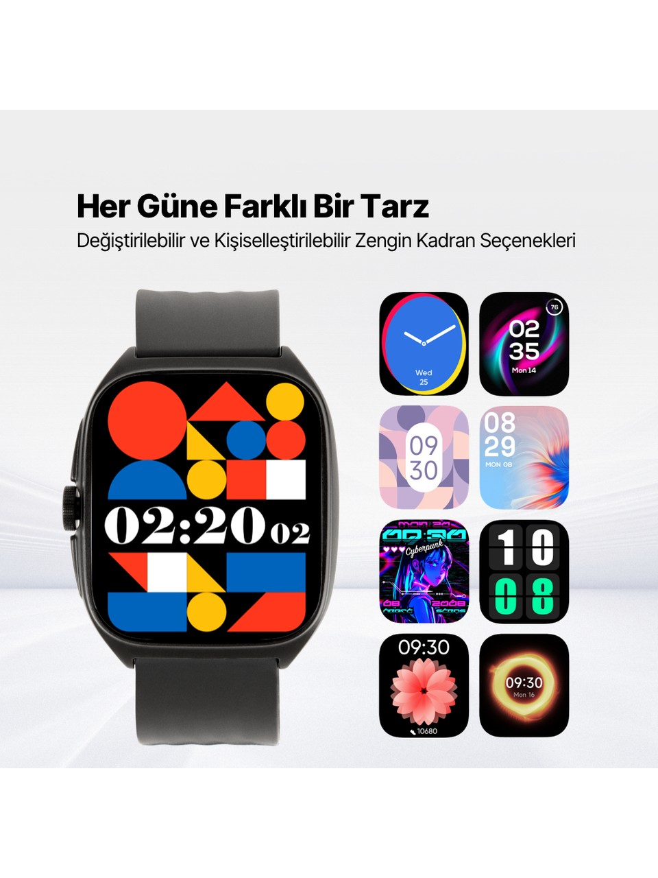 Renkli kadranlar ve Türkçe metin gösteren siyah bir akıllı saat.