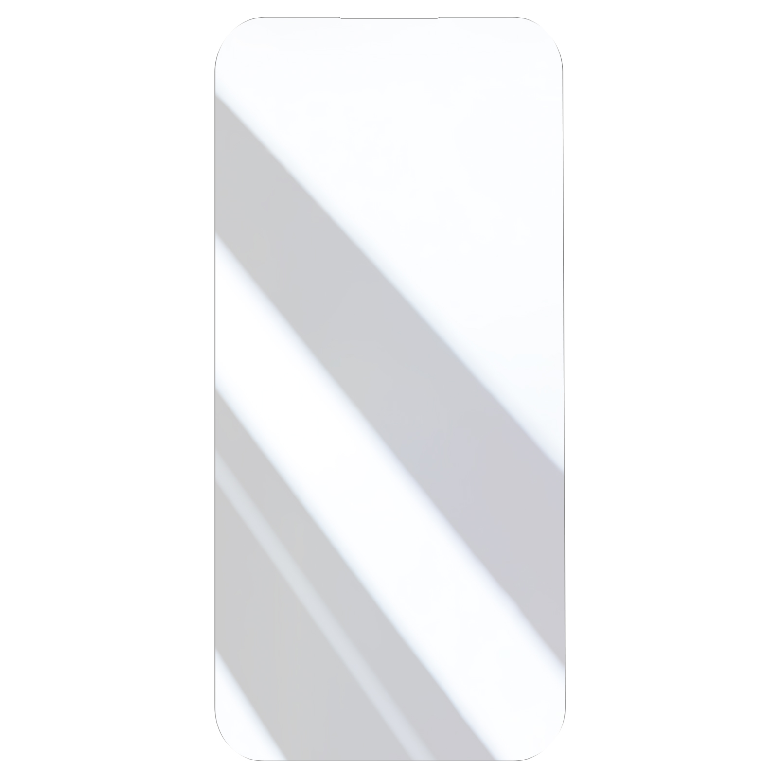 Una pellicola protettiva trasparente per smartphone con riflessi di luce diagonali su sfondo bianco.