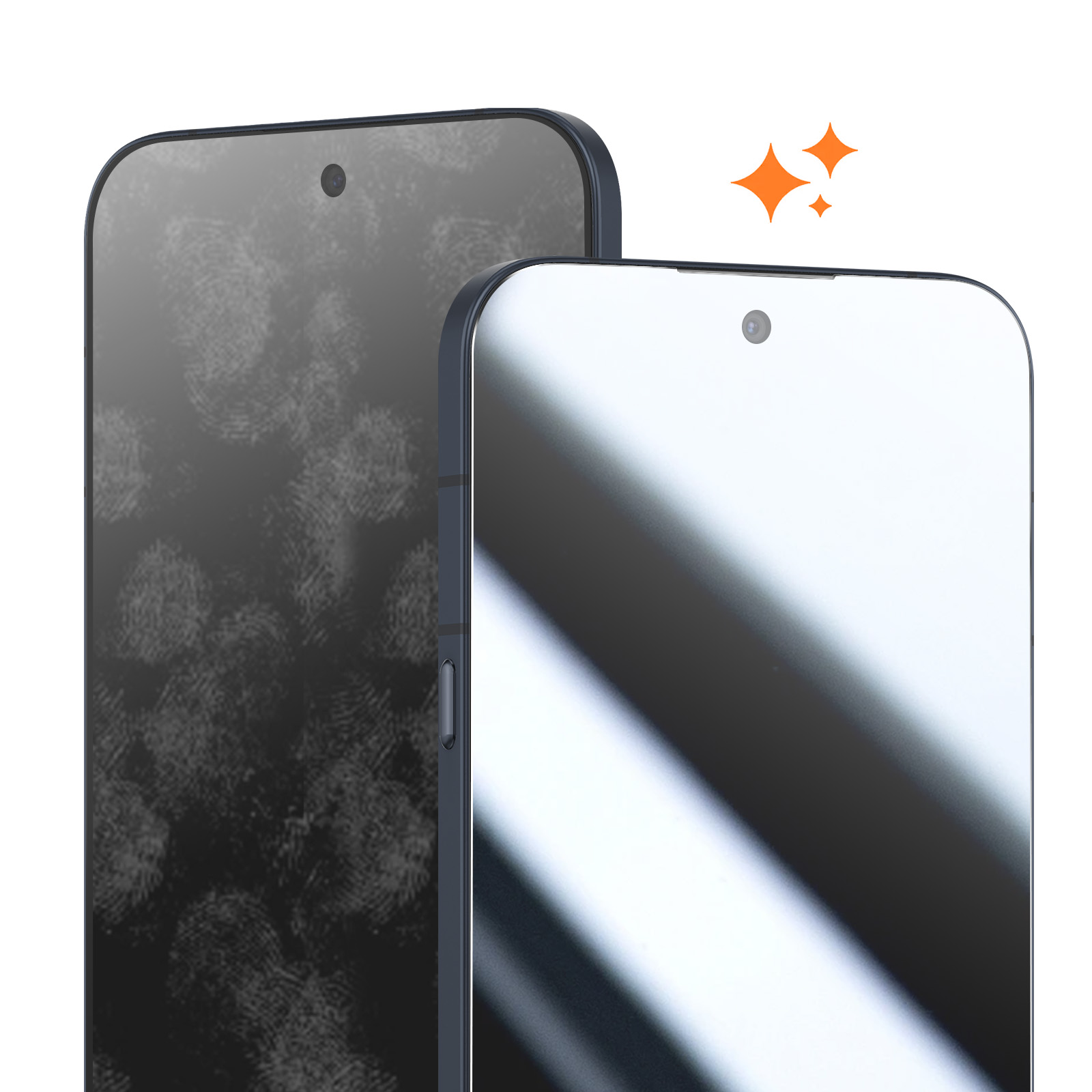 Confronto di due smartphone, uno con impronte e uno pulito con icona brillante.