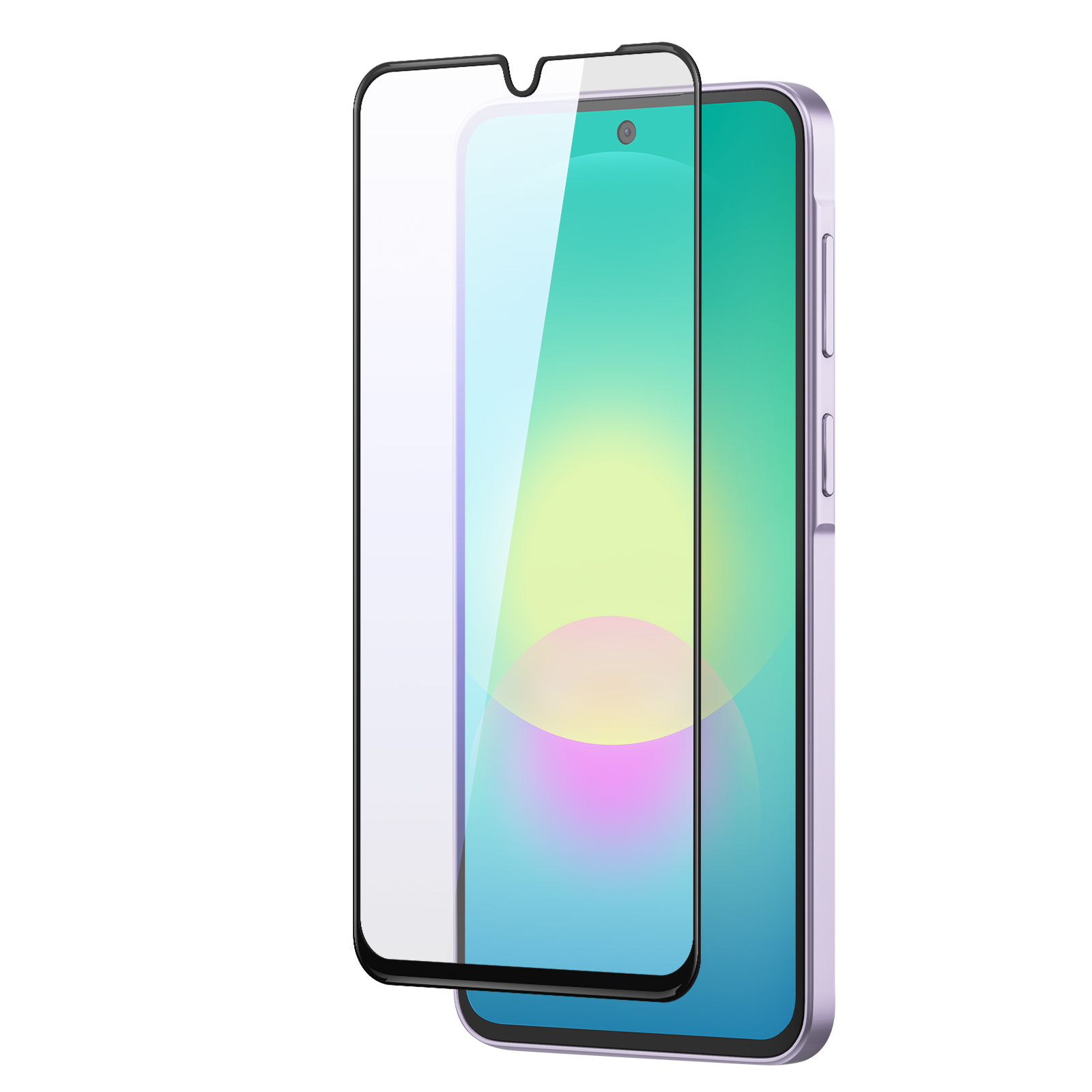 Un protector de pantalla de vidrio negro frente a un smartphone morado claro con pantalla colorida.