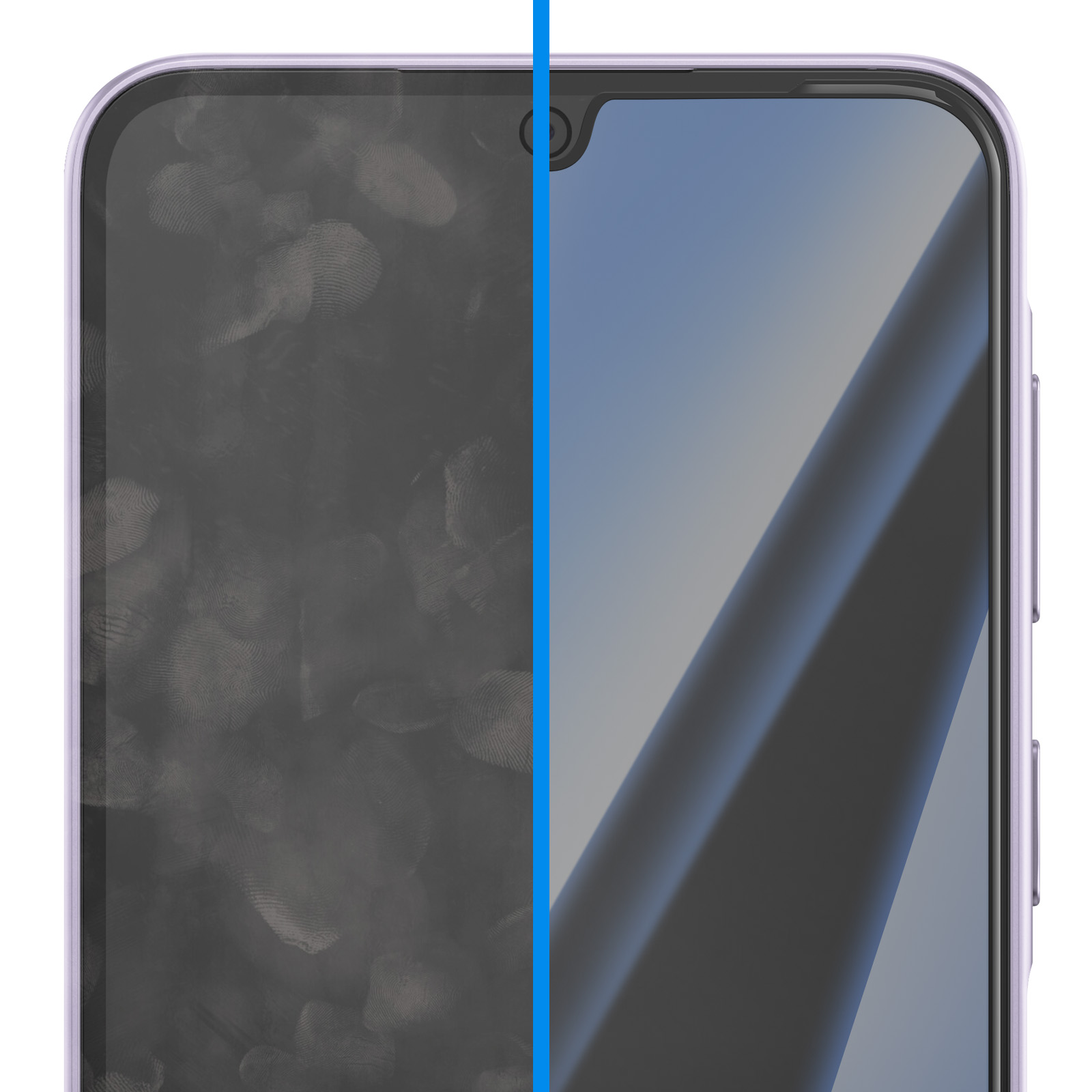 Comparación de la pantalla de un teléfono con huellas a la izquierda y limpia a la derecha, dividida por una línea azul.