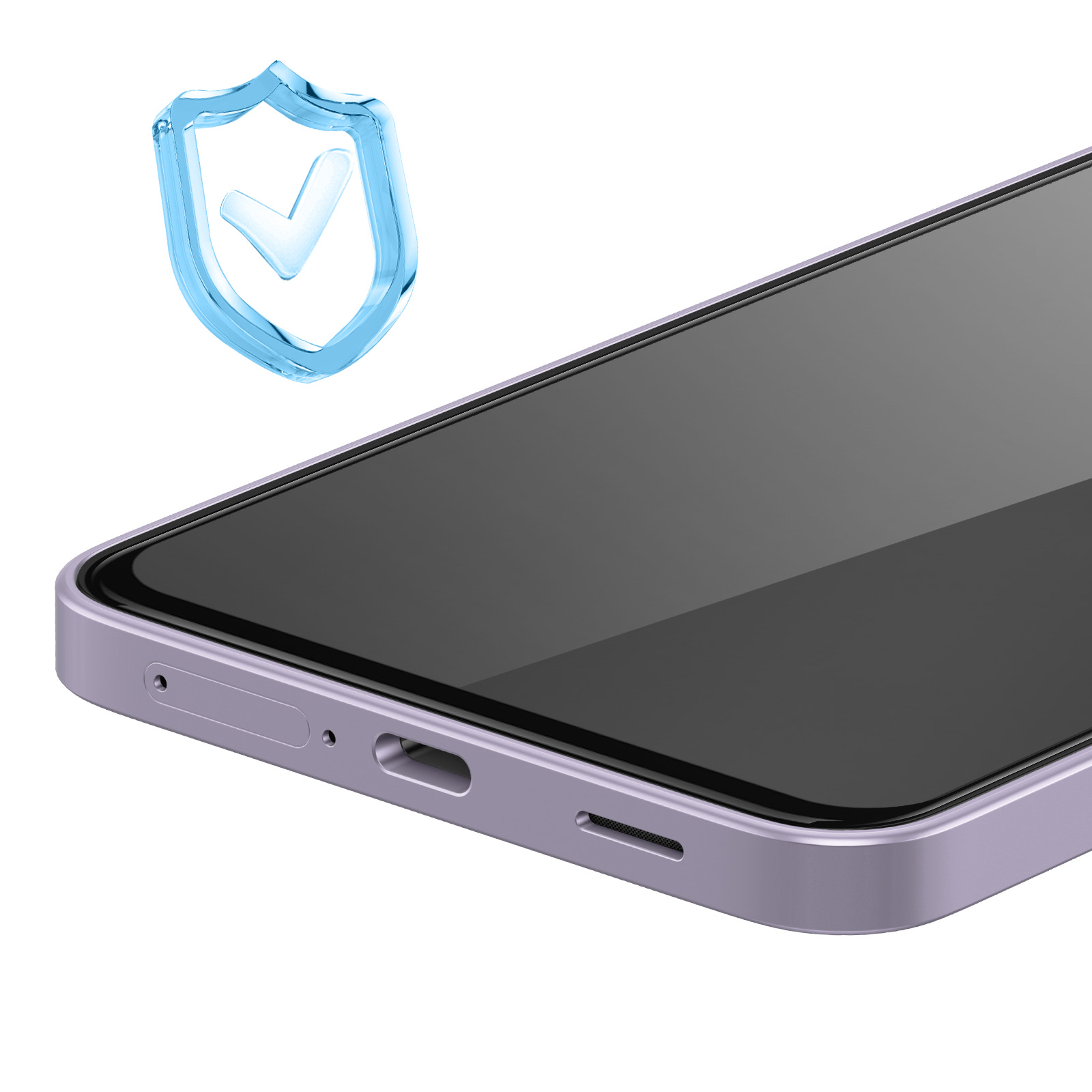 Un smartphone morado con pantalla negra y un icono de escudo azul transparente con una marca de verificación.