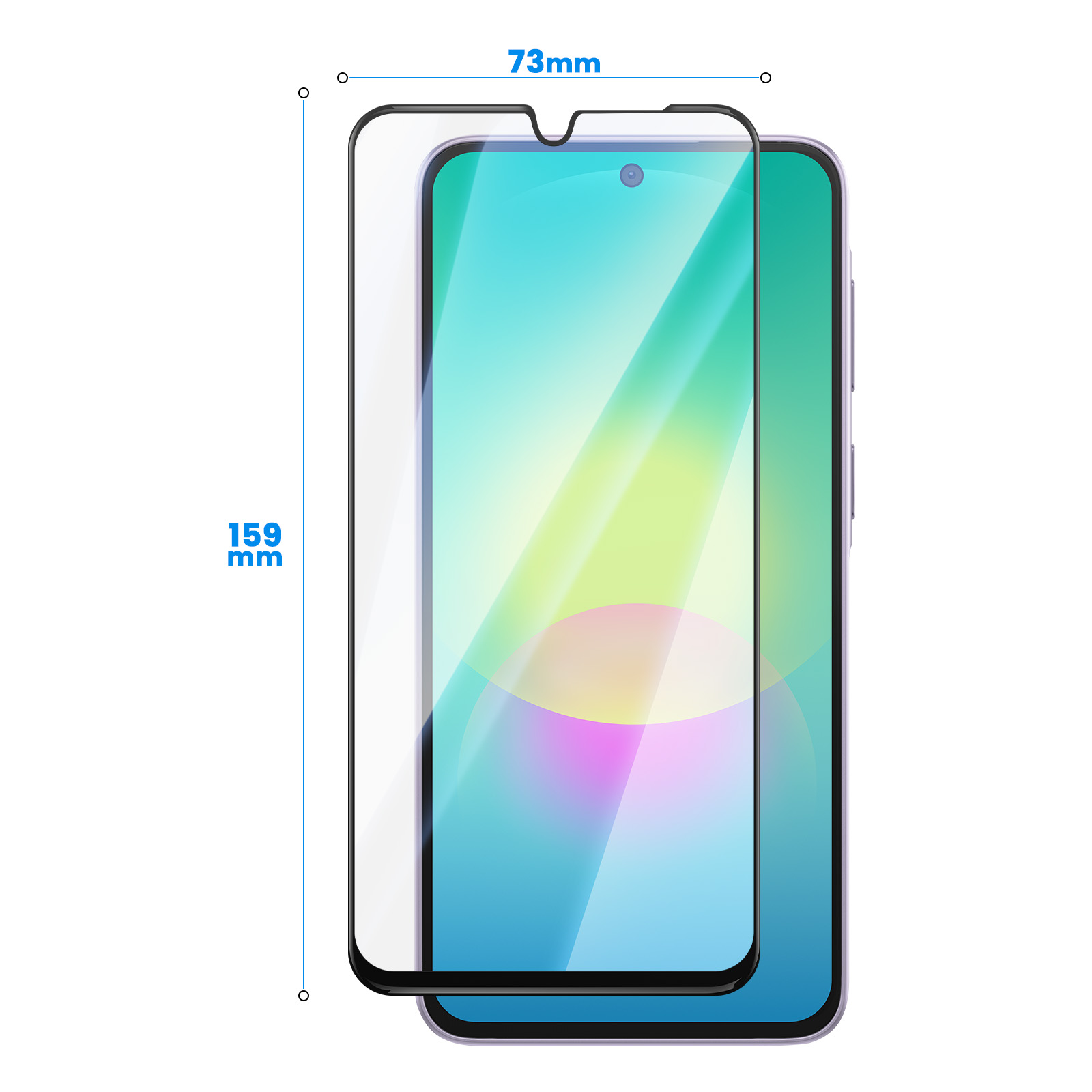 Smartphone con protector de pantalla, dimensiones de 73mm de ancho y 159mm de alto.