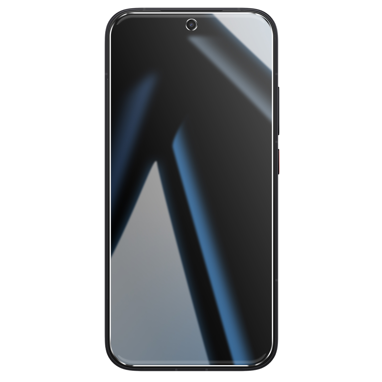 Vista frontal de un teléfono inteligente con carcasa negra y pantalla brillante sobre fondo blanco.
