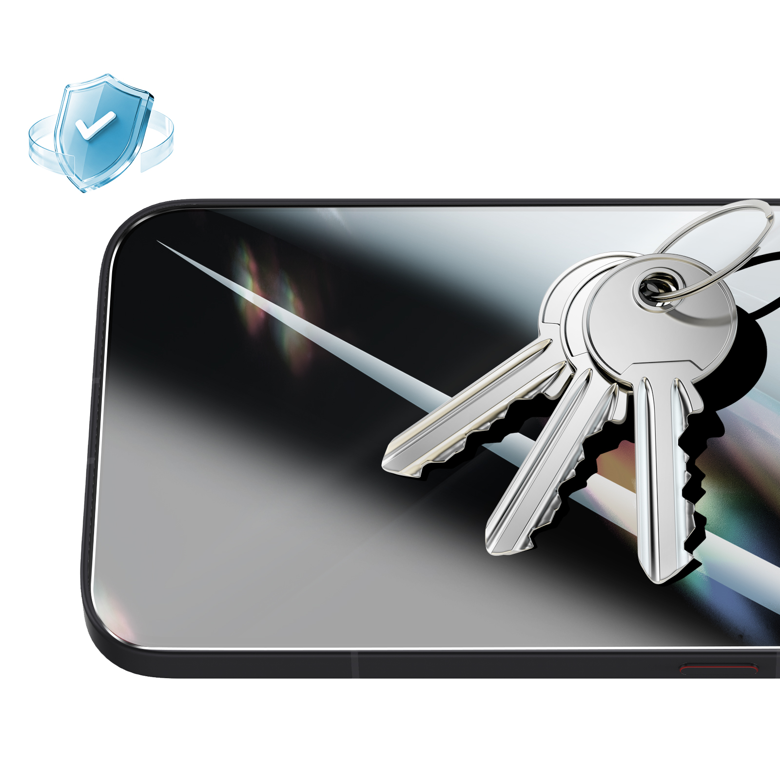 Llaves plateadas brillantes sobre un smartphone negro, con un icono de escudo azul en la esquina superior.