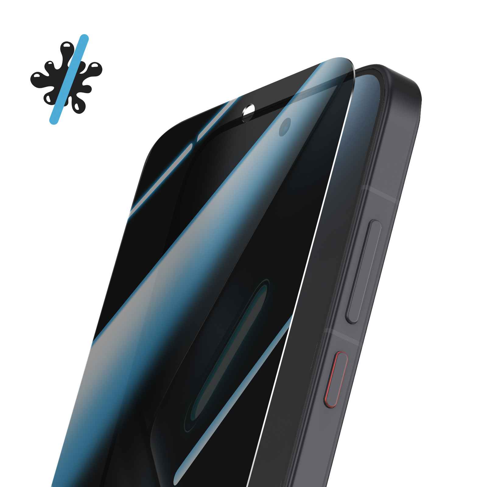 Un teléfono inteligente con un protector de pantalla parcialmente despegado. Arriba a la izquierda hay un icono de suciedad.