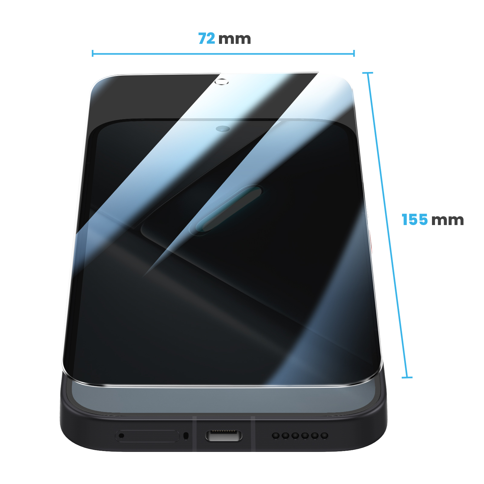 Smartphone con protector de pantalla, dimensiones de 72 mm por 155 mm.