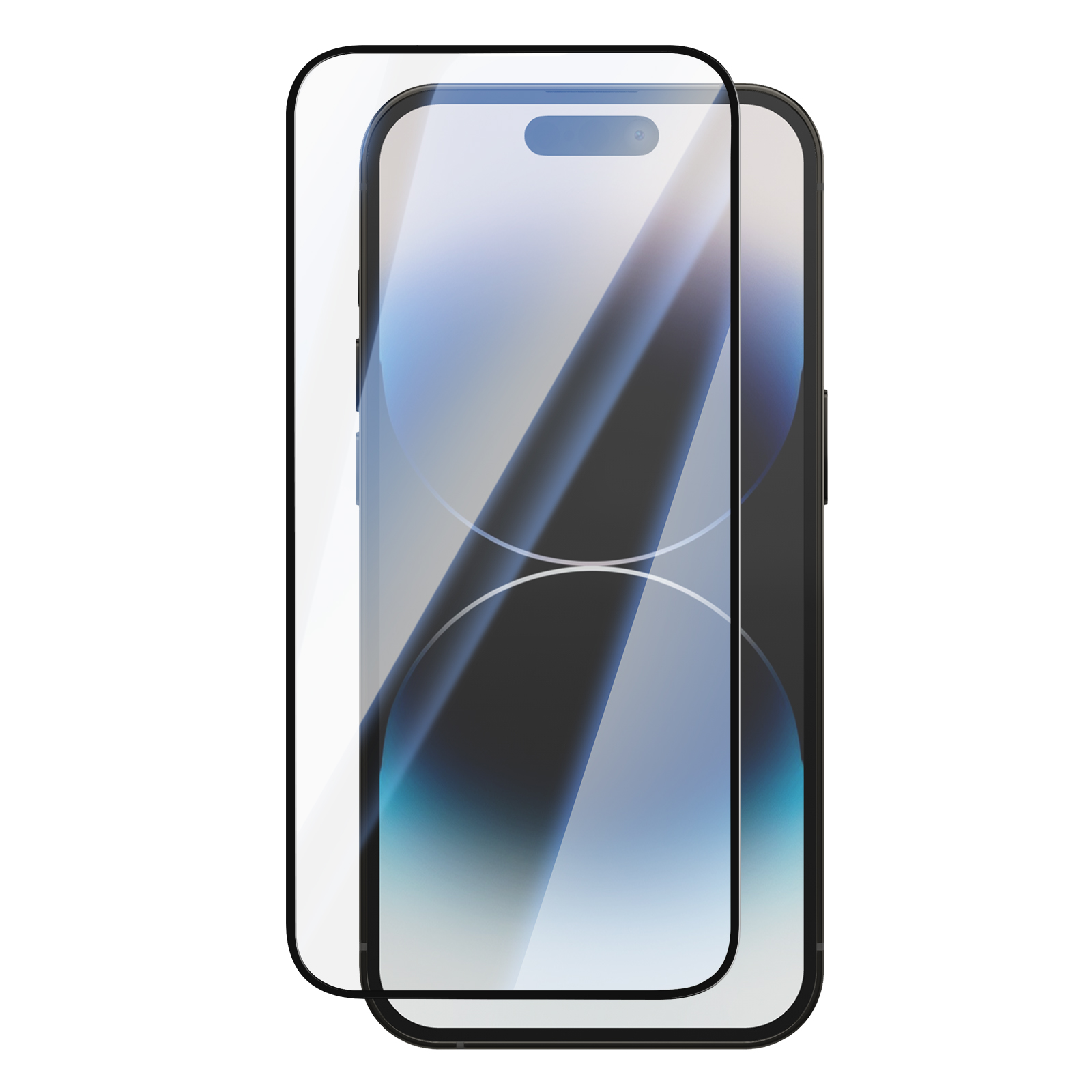 Un teléfono inteligente con un protector de pantalla de vidrio sobre fondo blanco.
