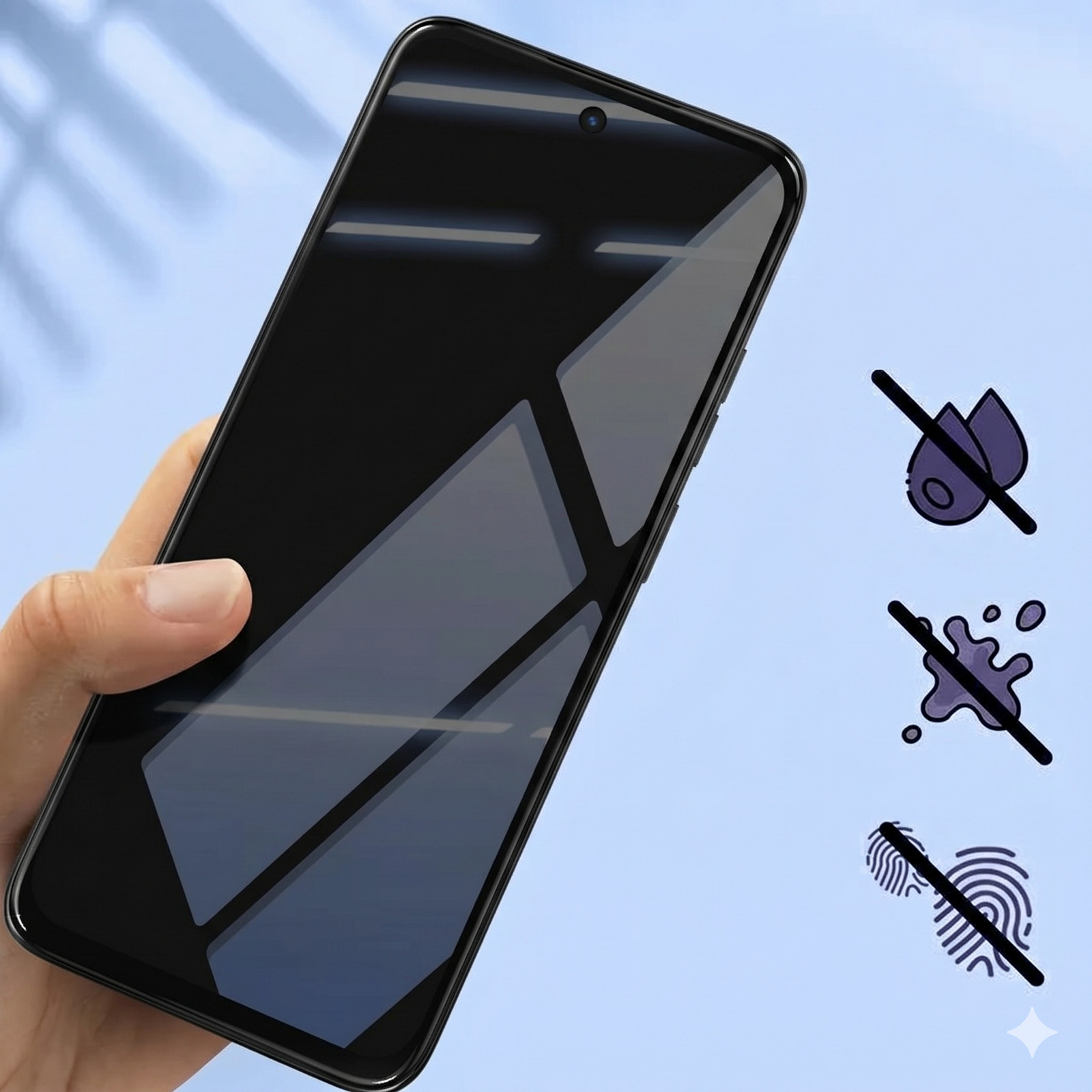 Mano tiene smartphone con pellicola protettiva contro acqua, macchie e impronte.
