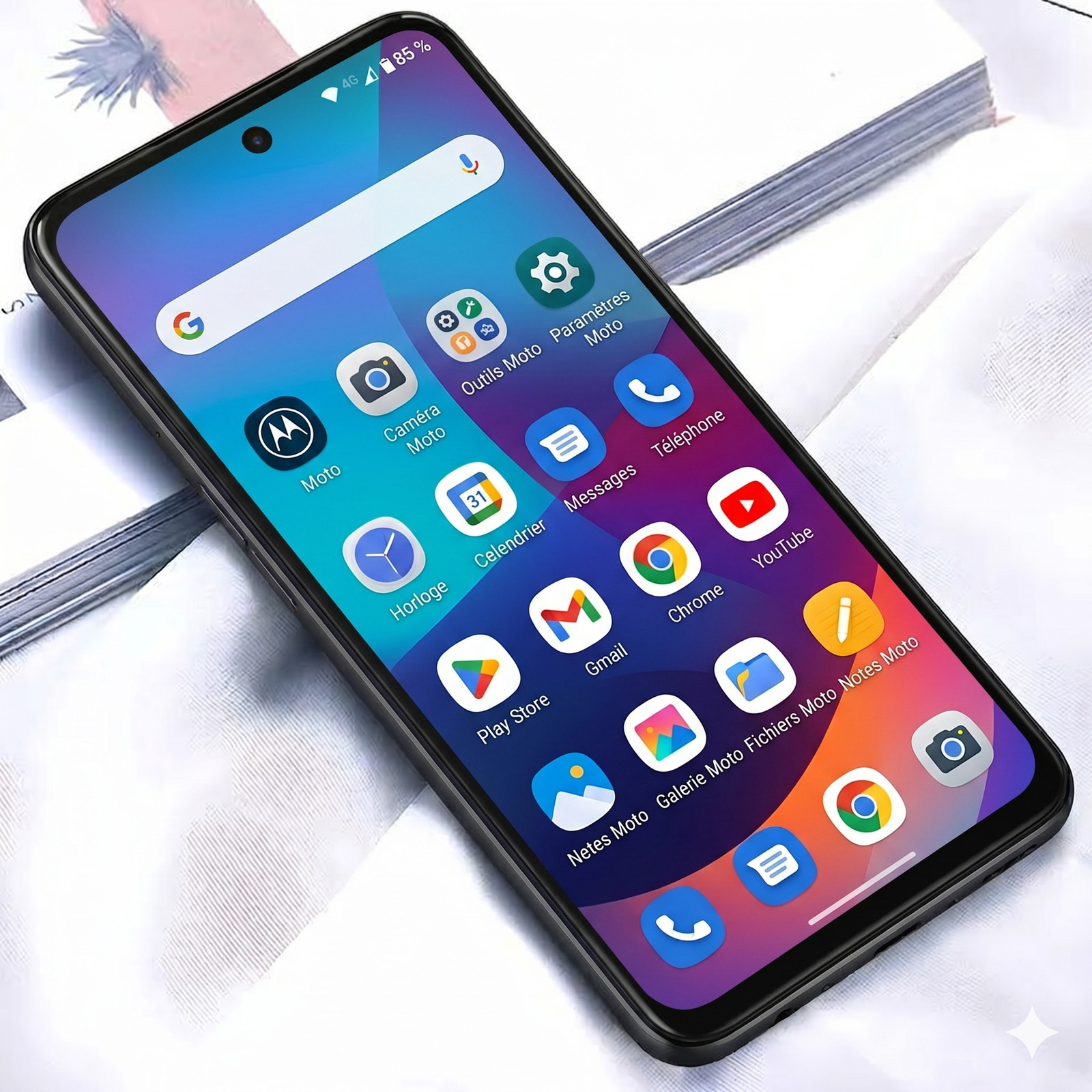 Uno smartphone con icone di app colorate poggia su una superficie bianca.