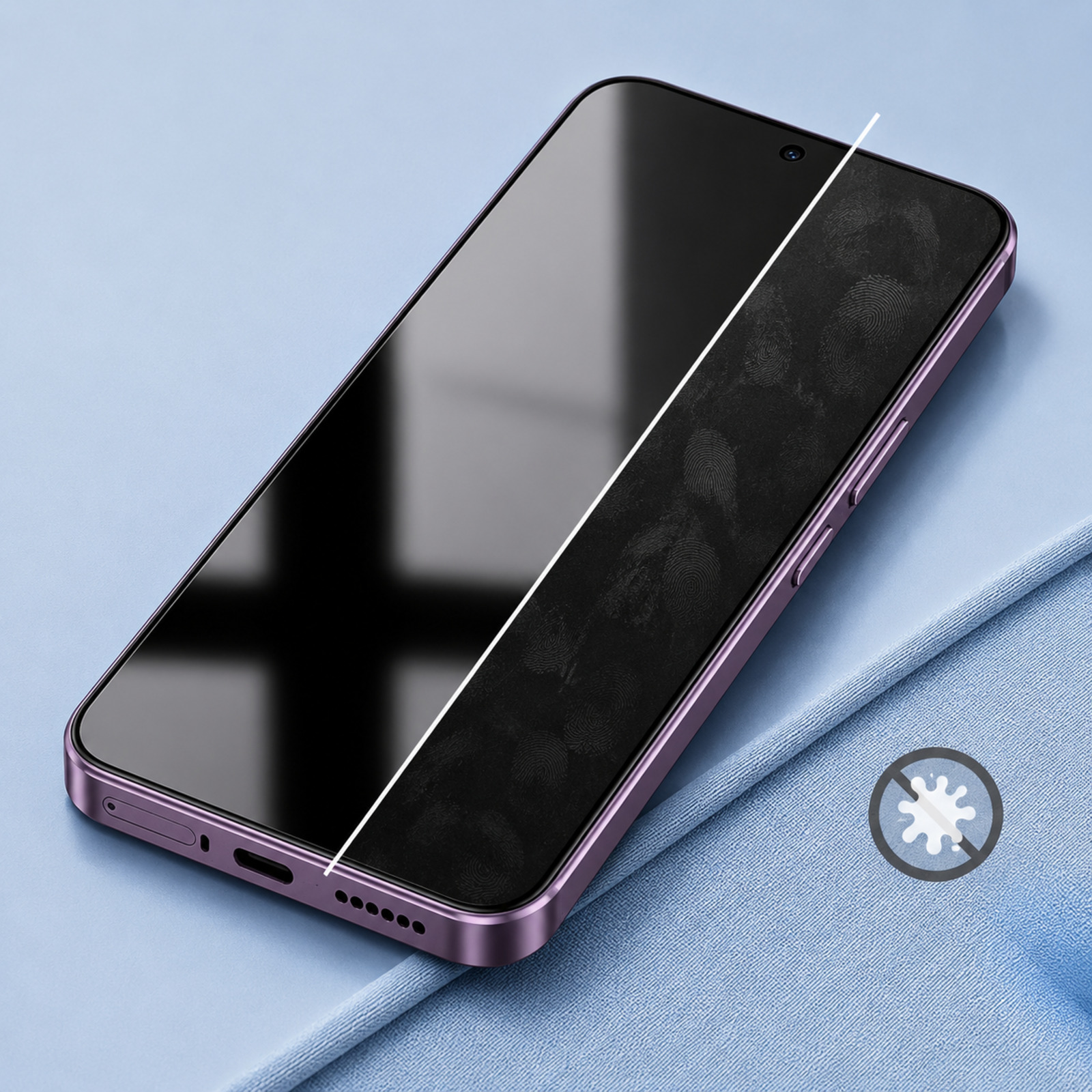 Un smartphone morado sobre tela azul compara un lado de la pantalla con huellas y un lado limpio.