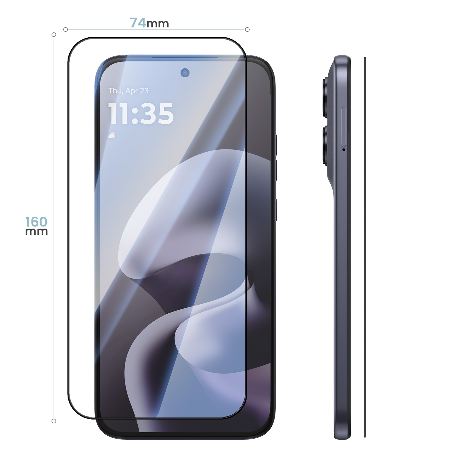 Diagrama que muestra vistas frontal y lateral de un smartphone con protector de pantalla y dimensiones de 74mm por 160mm.
