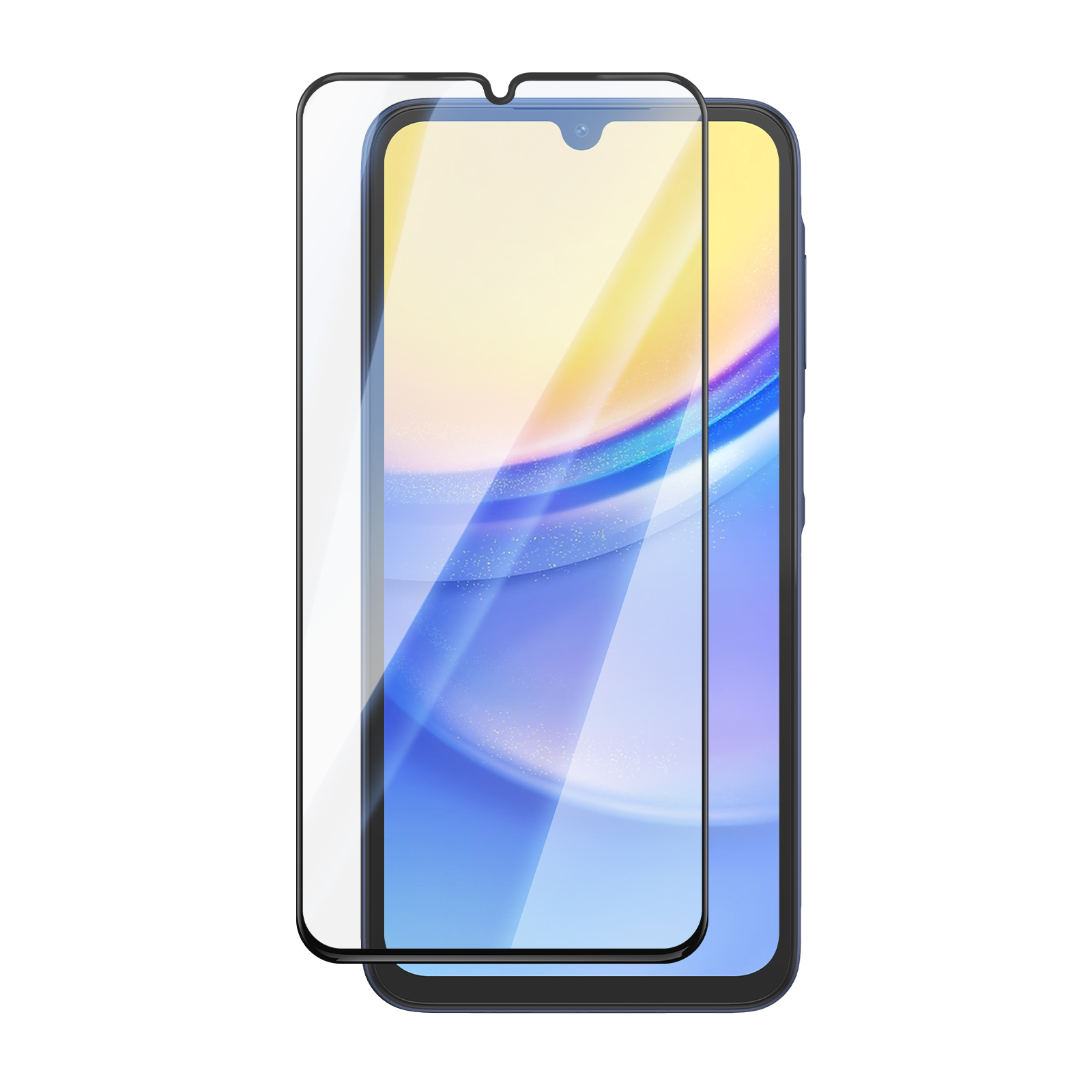 Un teléfono inteligente con un protector de pantalla de vidrio curvo flotando frente a él.