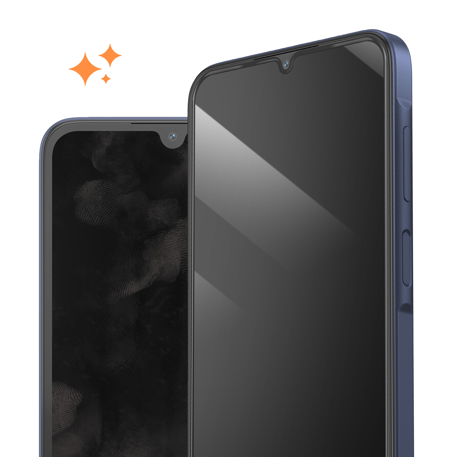 Dos teléfonos negros con fundas protectoras azules sobre fondo blanco, con estrellas naranjas arriba.