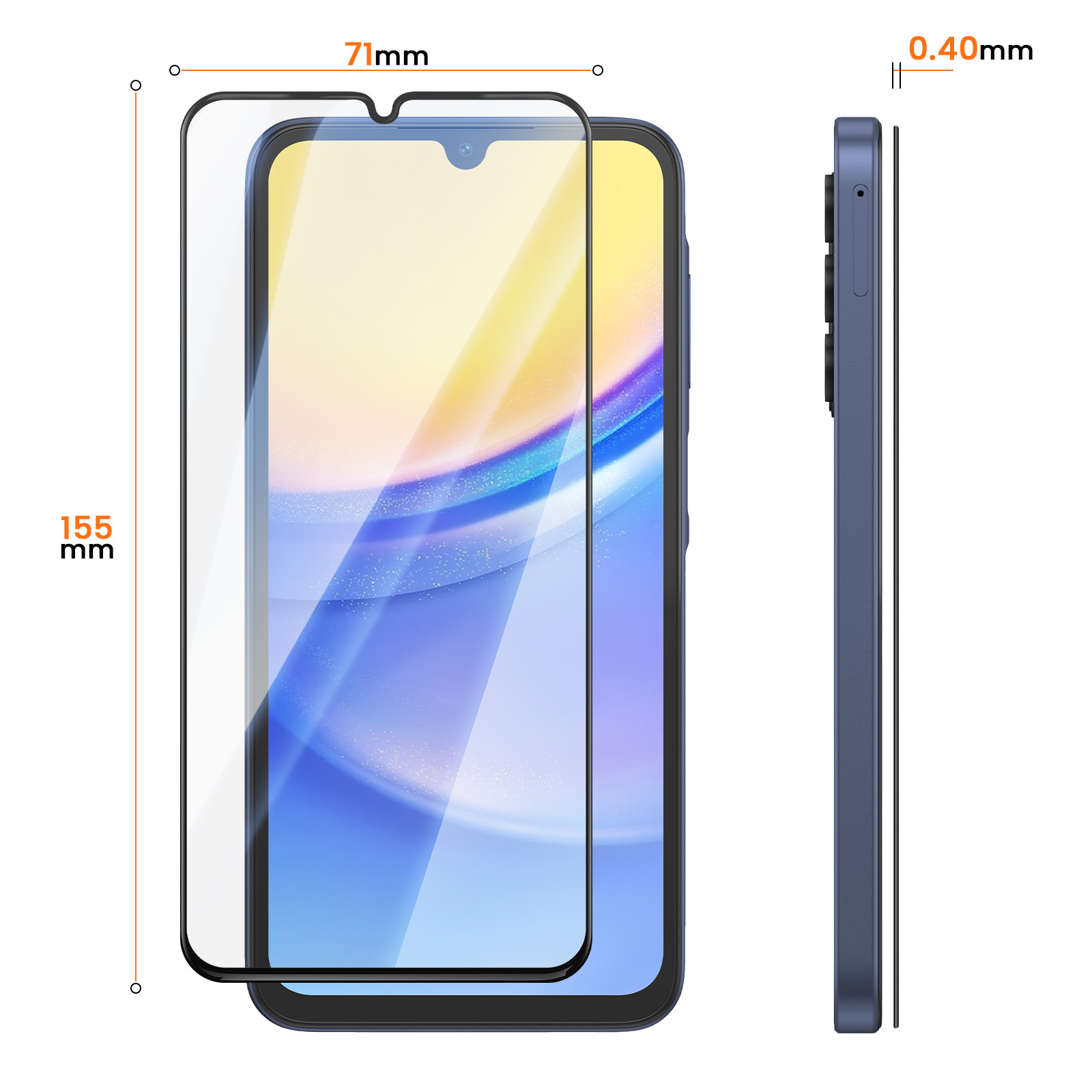 Diagrama que muestra las dimensiones de un protector de pantalla de smartphone, midiendo 71mm de ancho, 155mm de alto y 0.40mm de grosor.