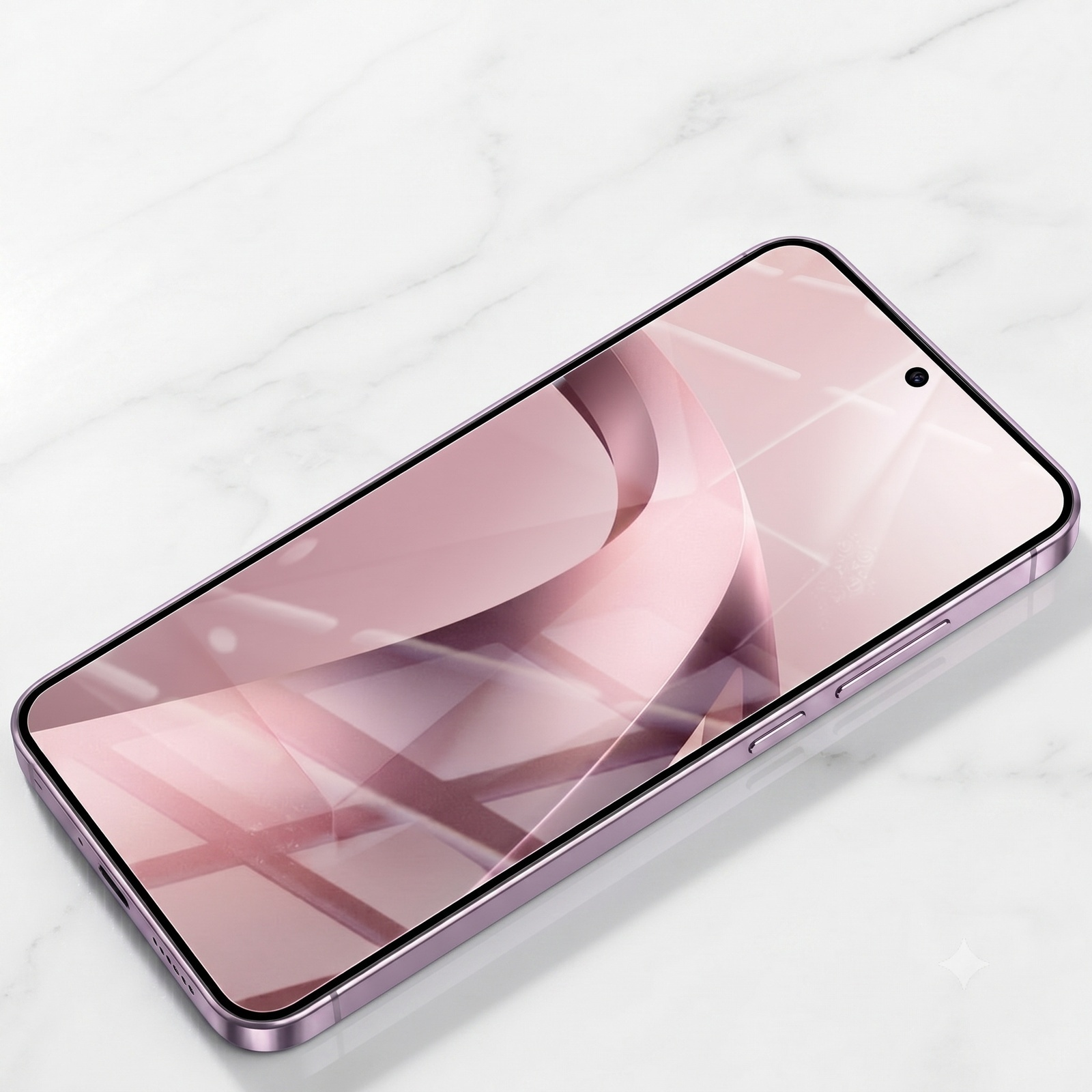 Un teléfono morado con un fondo abstracto rosa yace diagonalmente sobre mármol blanco.
